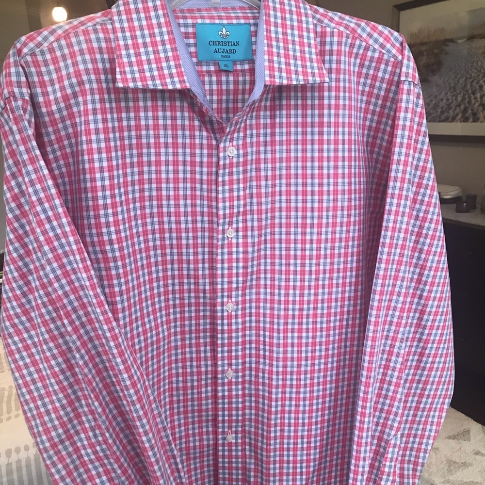 Mens button-up pink plaid Christian Aujard Paris